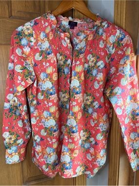J.Crew Ruffle Classic Popover Shirt in Liberty Fabric Coral Floral Size 2
